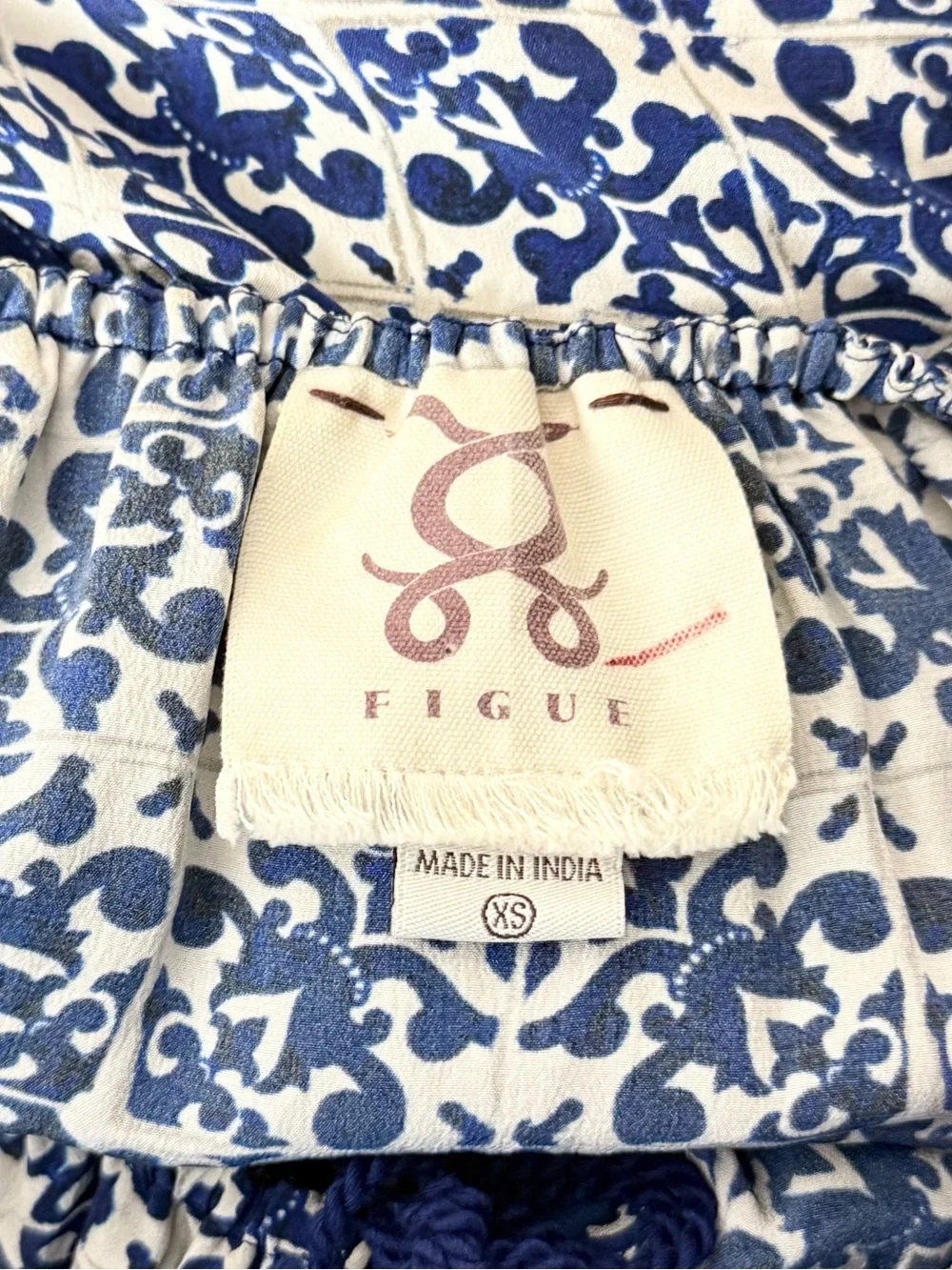 FIGUE Silk Tile Print Off Shoulder Ruffle Bell Sleeve Coquette Tassel Top XS
